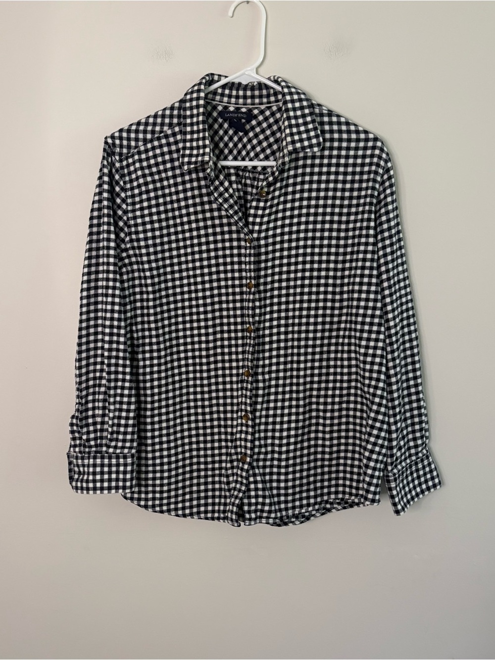 Lands End Womens 18P Black White Checkered Plaid Top Fall Cozy Cotton Cottage V7